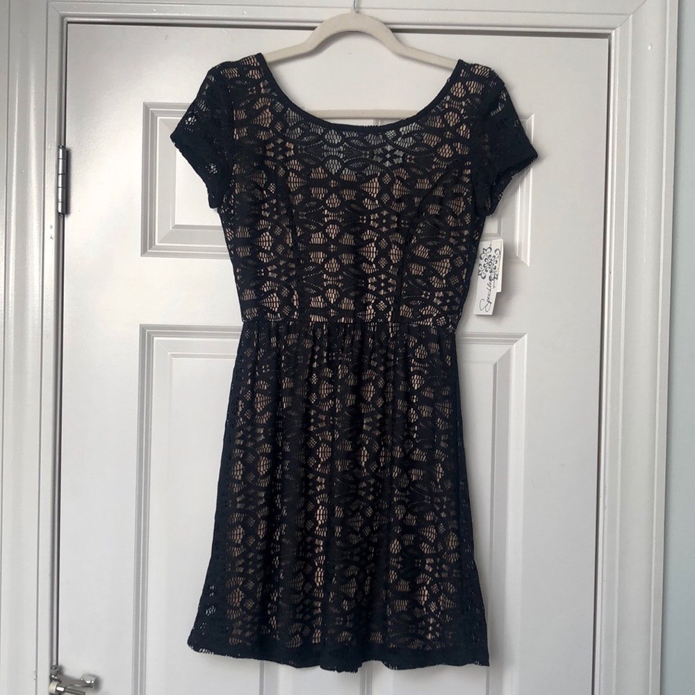 NWT Black Lace Dress with Nude Underlay Size 5